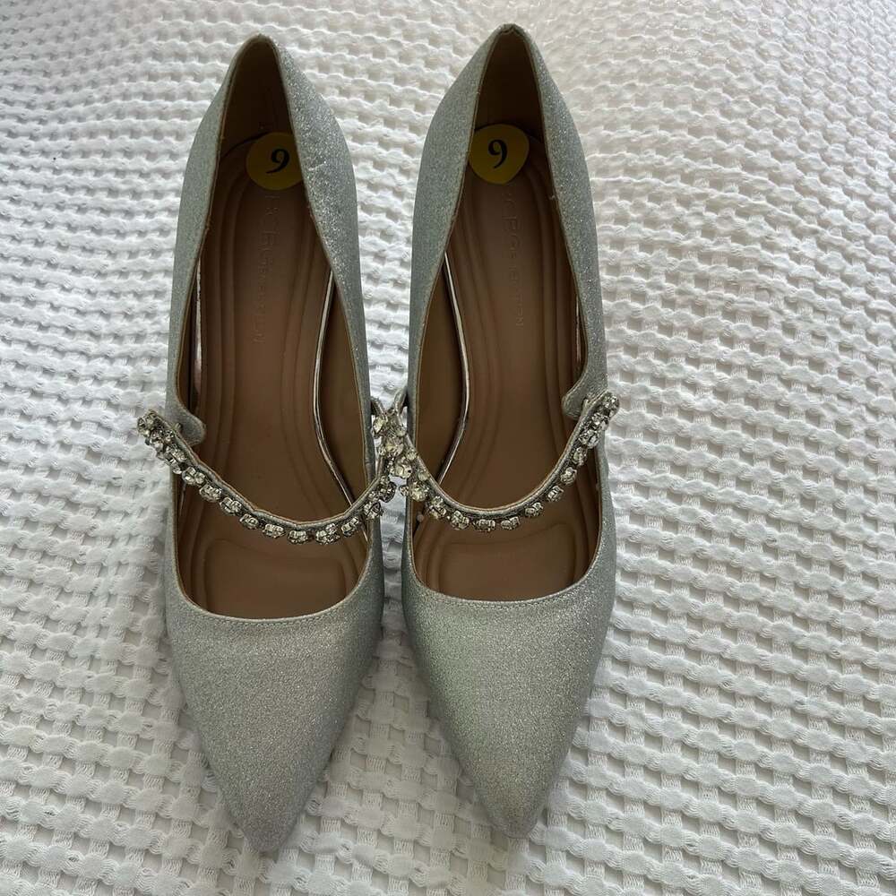 BCBGeneration Branda Size 9 Silver Glitter Pointed Toe Rhinestone Strap Heels